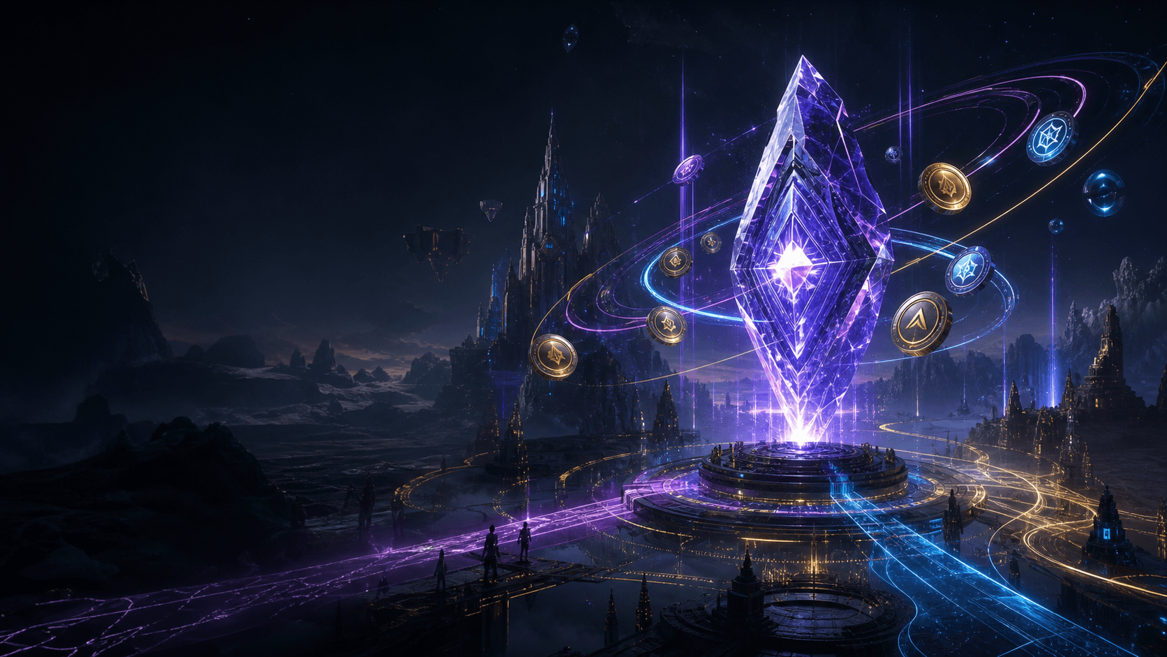 A luminous Runestone powering a futuristic token game economy